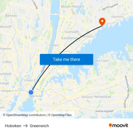 Hoboken to Greenwich map