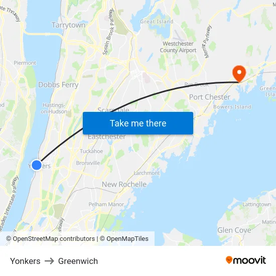 Yonkers to Greenwich map