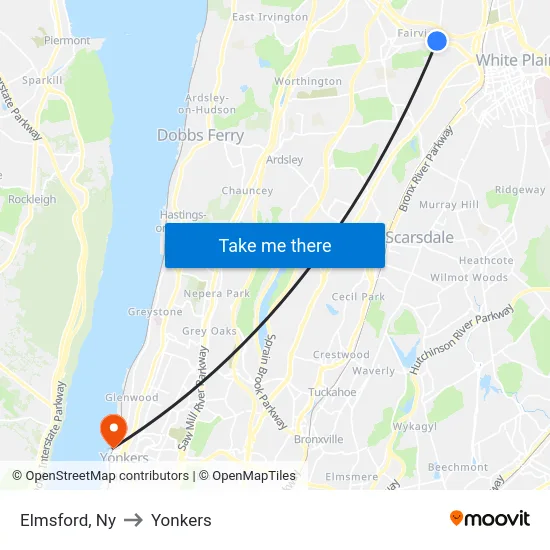 Elmsford to Yonkers map
