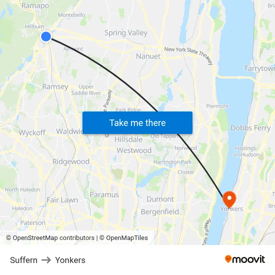 Suffern to Yonkers map