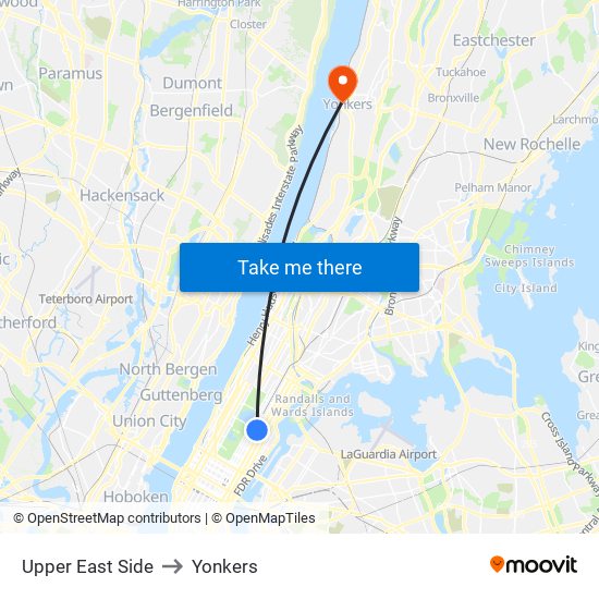 Upper East Side to Yonkers map