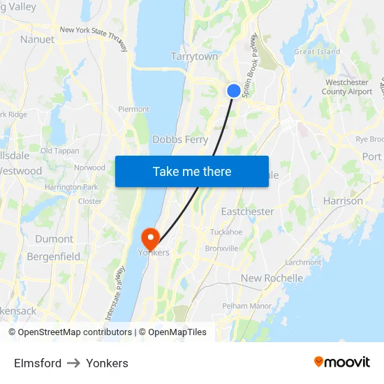 Elmsford to Yonkers map