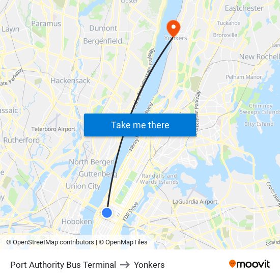 Port Authority Bus Terminal to Yonkers map