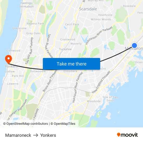 Mamaroneck to Yonkers map