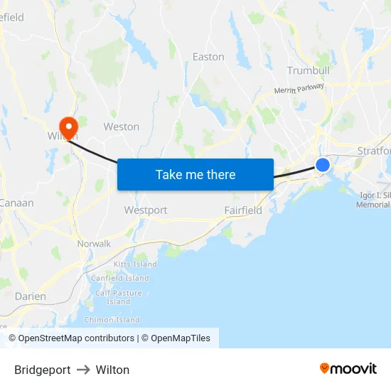 Bridgeport to Wilton map