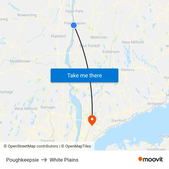 Poughkeepsie to White Plains map