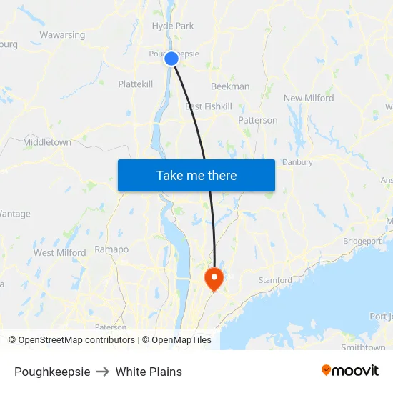 Poughkeepsie to White Plains map