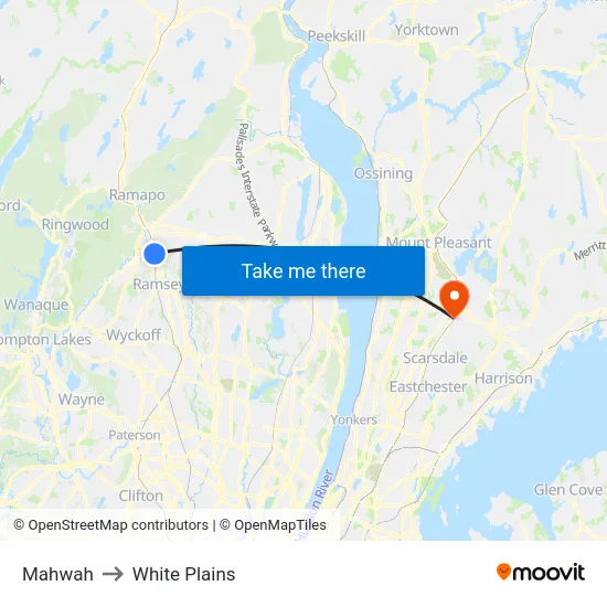 Mahwah to White Plains map