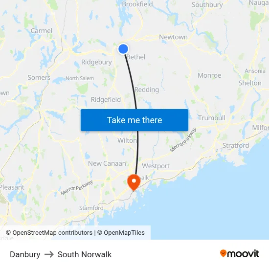 Danbury to South Norwalk map