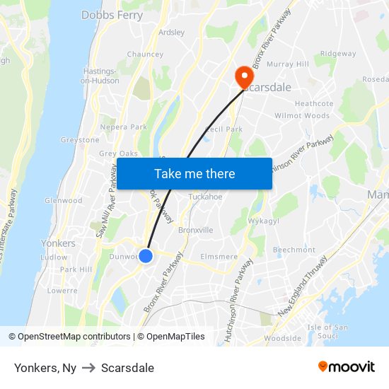 Yonkers, Ny to Scarsdale map