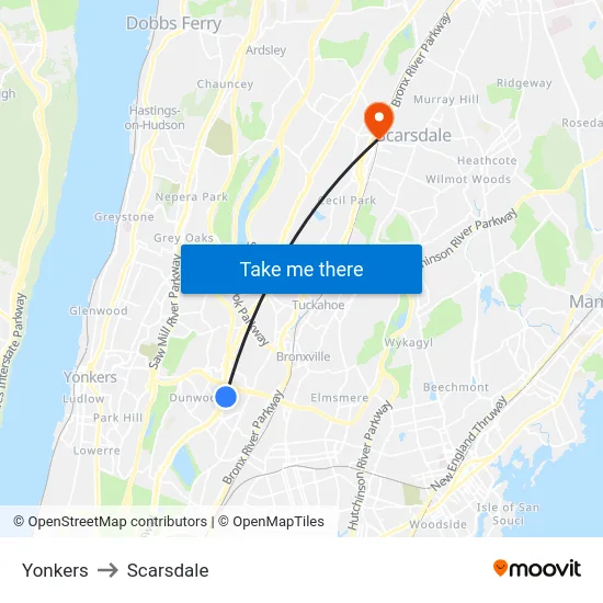 Yonkers to Scarsdale map