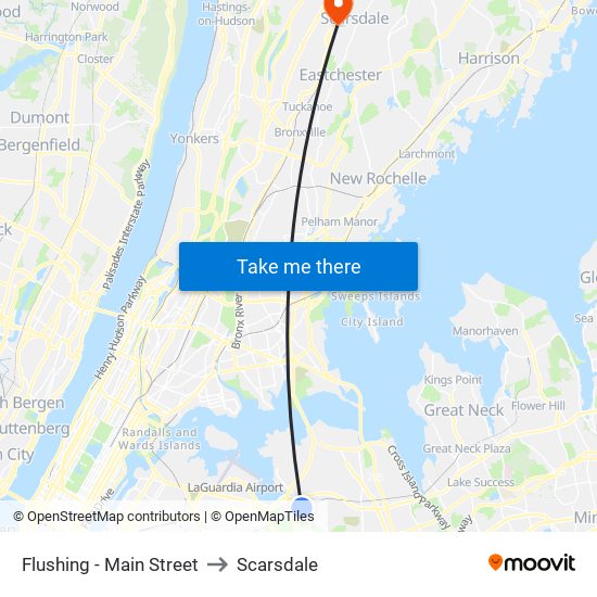 Flushing - Main Street to Scarsdale map