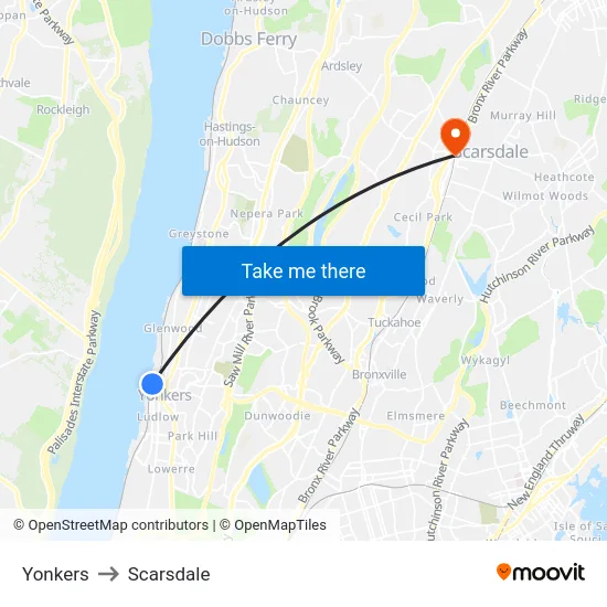 Yonkers to Scarsdale map