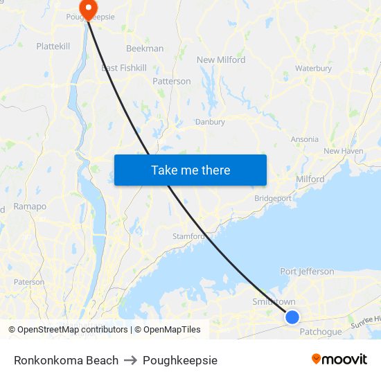 Ronkonkoma Beach to Poughkeepsie map