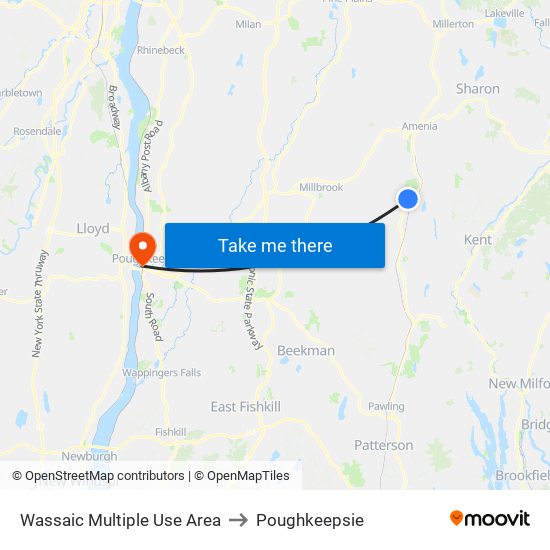 Wassaic Multiple Use Area to Poughkeepsie map