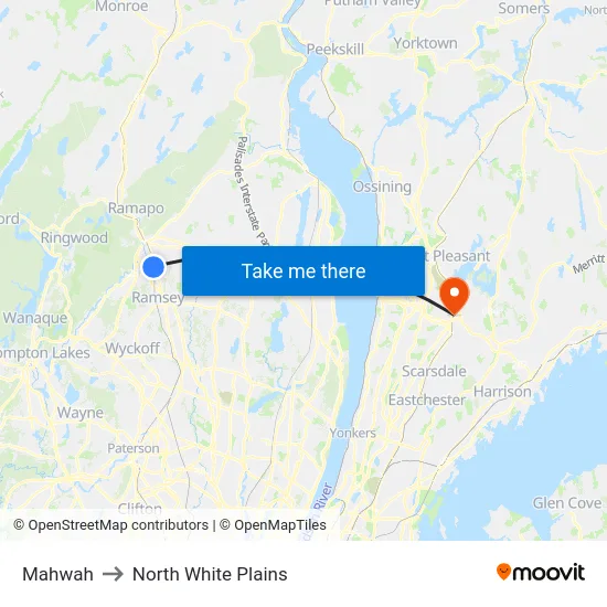 Mahwah to North White Plains map