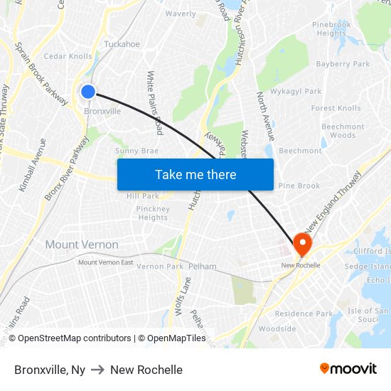 Bronxville, Ny to New Rochelle map