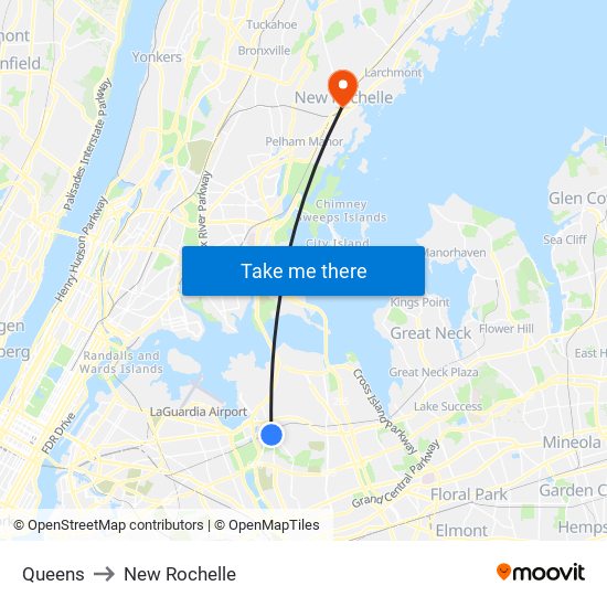 Queens to New Rochelle map