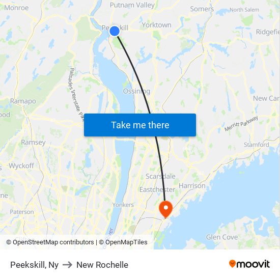 Peekskill, Ny to New Rochelle map