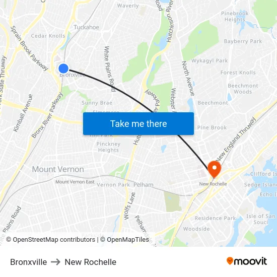 Bronxville to New Rochelle map