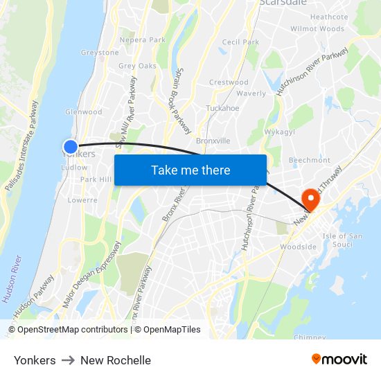 Yonkers to New Rochelle map