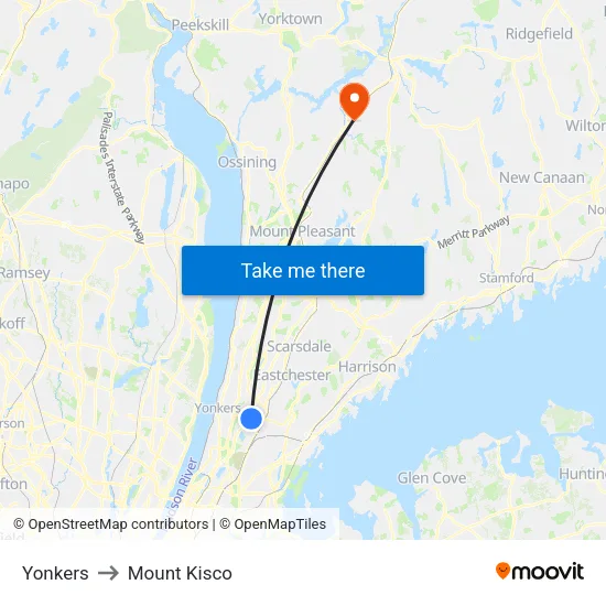 Yonkers to Mount Kisco map