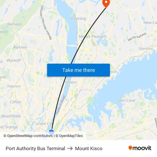 Port Authority Bus Terminal to Mount Kisco map