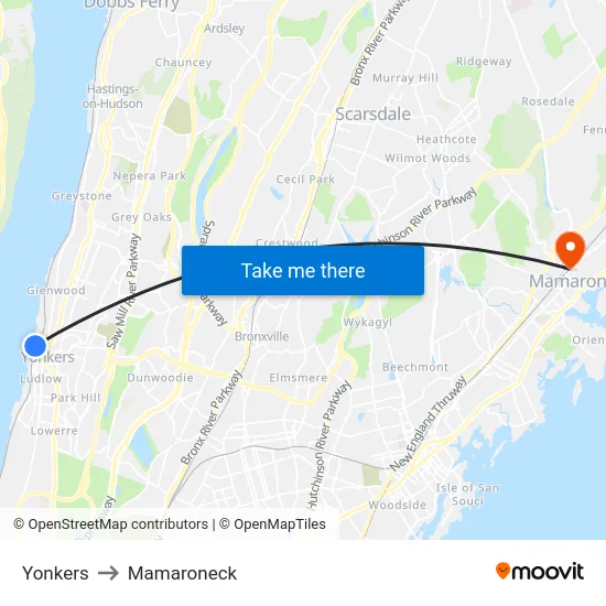 Yonkers to Mamaroneck map