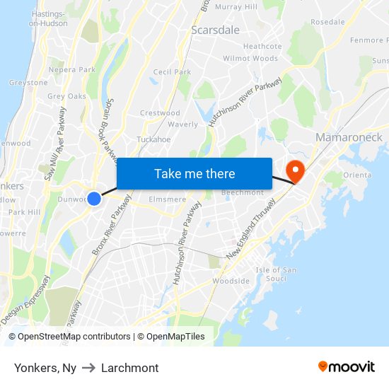 Yonkers, Ny to Larchmont map