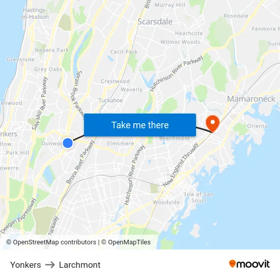 Yonkers to Larchmont map