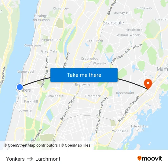 Yonkers to Larchmont map