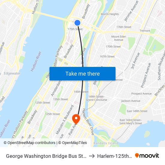 George Washington Bridge Bus Station to Harlem-125th St. map