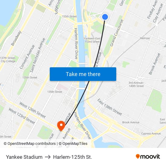 Yankee Stadium to Harlem-125th St. map