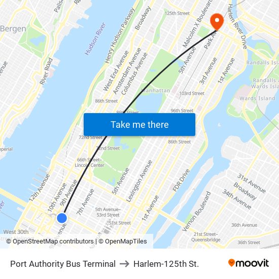 Port Authority Bus Terminal to Harlem-125th St. map