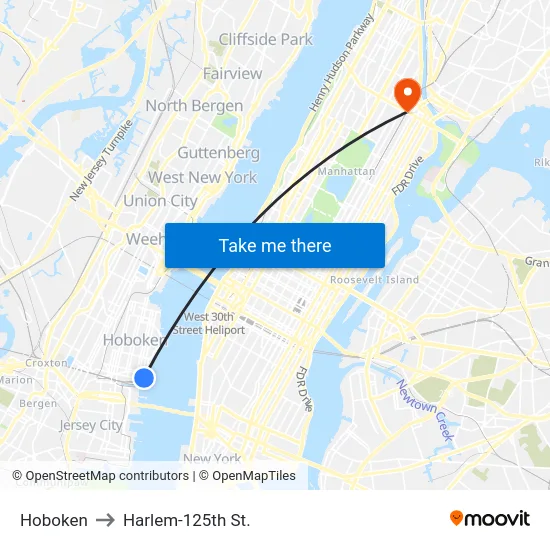 Hoboken to Harlem-125th St. map
