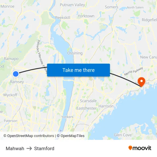 Mahwah to Stamford map