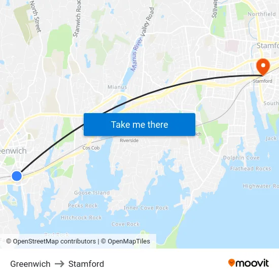 Greenwich to Stamford map