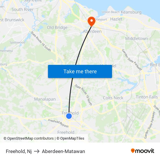 Freehold, Nj to Aberdeen-Matawan map