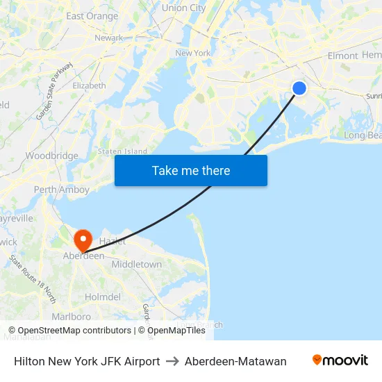 Hilton New York JFK Airport to Aberdeen-Matawan map
