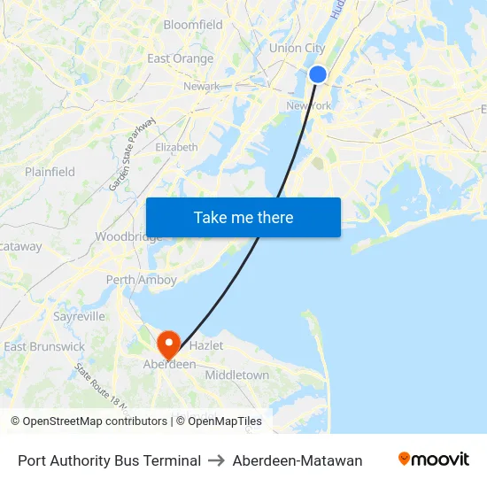 Port Authority Bus Terminal to Aberdeen-Matawan map