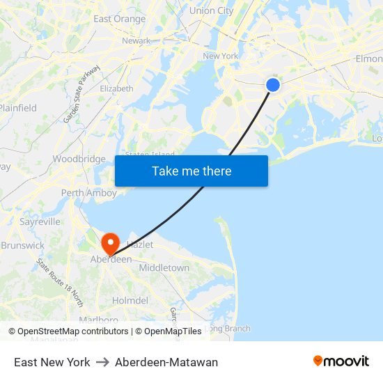 East New York to Aberdeen-Matawan map