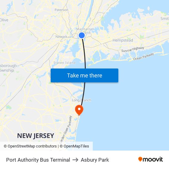 Port Authority Bus Terminal to Asbury Park map