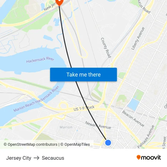 Jersey City to Secaucus map