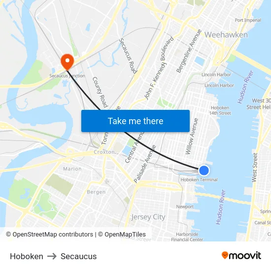 Hoboken to Secaucus map