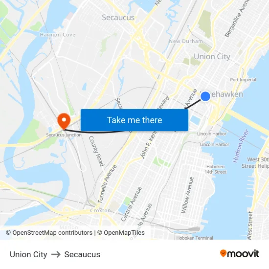 Union City to Secaucus map