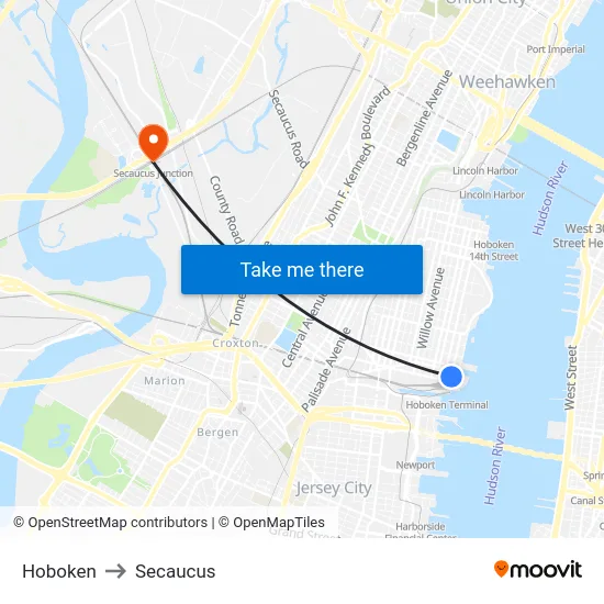 Hoboken to Secaucus map