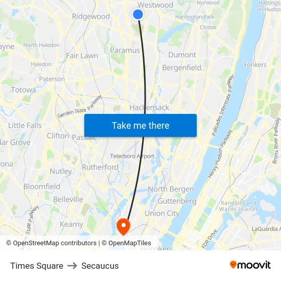 Times Square to Secaucus map