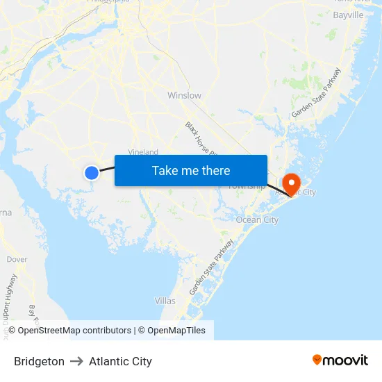 Bridgeton to Atlantic City map