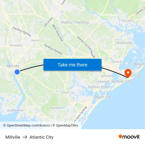 Millville to Atlantic City map