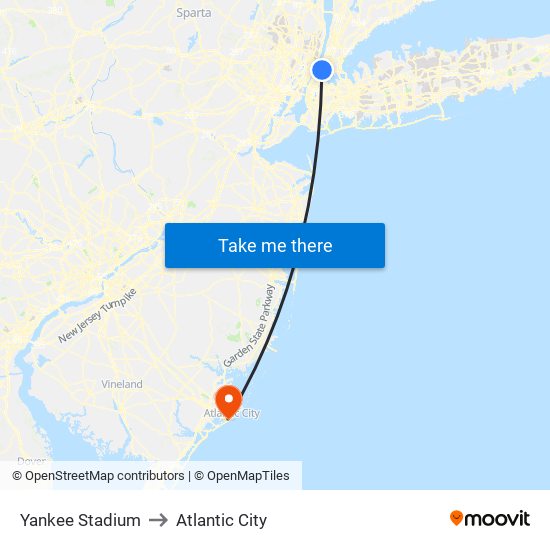 Yankee Stadium to Atlantic City map